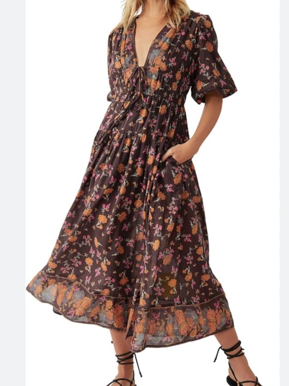 Free People Lysette Maxi Midi Dress V-neck Brown Floral Boho Cottagecore Western